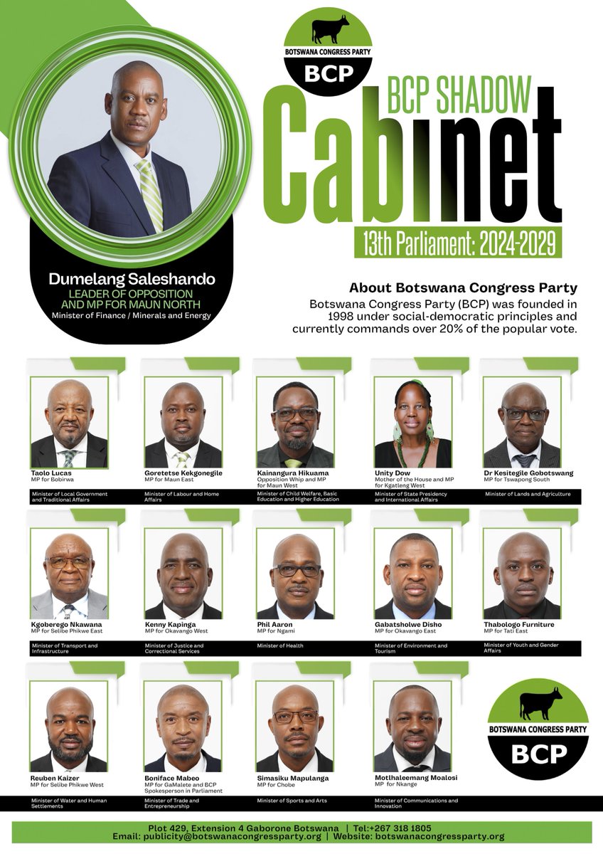 "𝗦𝗵𝗮𝗱𝗼𝘄 𝗰𝗮𝗯𝗶𝗻𝗲𝘁" 

A shadow cabinet is a key component of the Parliamentary system used by opposition parties. Although it is new in Botswana, several Parliaments have this structure, particularly in countries like South Africa, Malawi, Tanzania, United Kingdom,