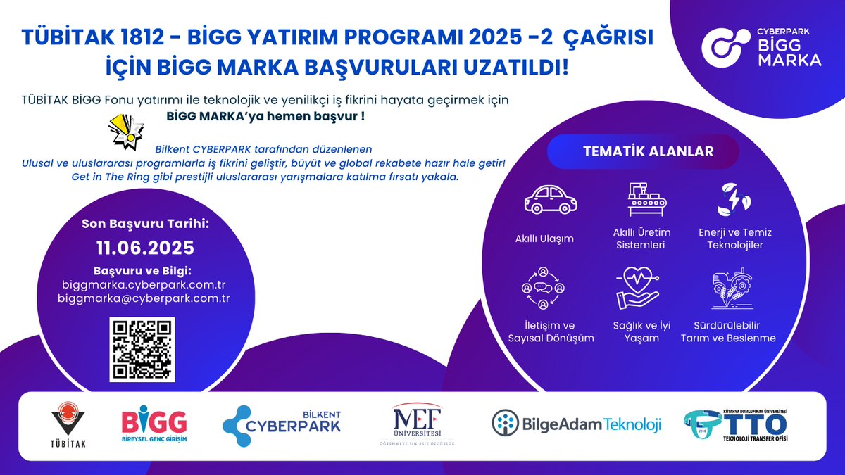 TÜBİTAK 1812 – BİGG Yatırım Programı 2025-2 Çağrısı için “CYBERPARK BİGG MARKA” başvuruları uzatıldı! 🚀
 
TÜBİTAK BİGG Fonu yatırımı ile teknolojik ve yenilikçi iş fikirlerini hayata geçirmek için CYBERPARK BİGG MARKA’ya hemen başvur.
 
TÜBİTAK 1812 BİGG Yatırım Programı;