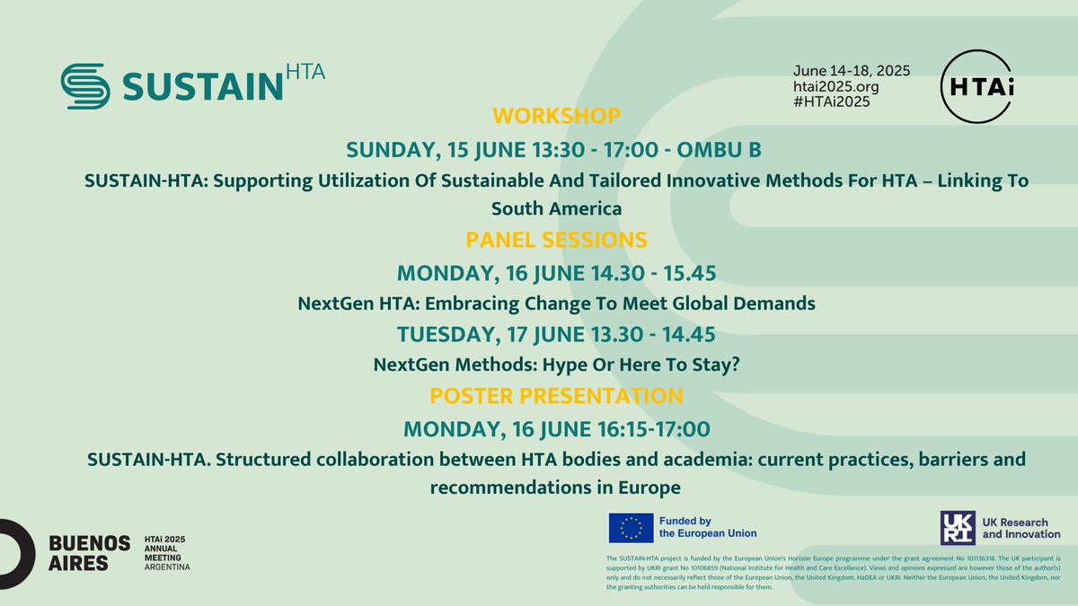 SUSTAIN-HTA (@sustain_hta) on Twitter photo SUSTAIN-HTA at <a href="/HTAiOrg/">HTAi</a> Annual Meeting 2025 SUSTAIN-HTA experts will attend the HTAi Annual Meeting, held from 14– 18 June in Buenos Aires, Argentina. If you want to find out more about SUSTAIN-HTA, please feel free to engage with some of our lead experts at the following events SUSTAIN-HTA at <a href="/HTAiOrg/">HTAi</a> Annual Meeting 2025 SUSTAIN-HTA experts will attend the HTAi Annual Meeting, held from 14– 18 June in Buenos Aires, Argentina. If you want to find out more about SUSTAIN-HTA, please feel free to engage with some of our lead experts at the following events