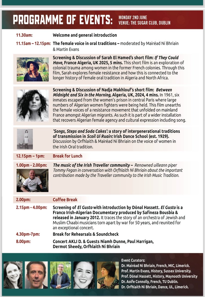 Join us today in the Sugar Club for a day of film screenings, music and discussions on the theme of Performing Cultures of Resistance: Algeria and Ireland. It will culminate with a fantastic concert this evening at 20:00 blending Algerian folk with Irish trad.