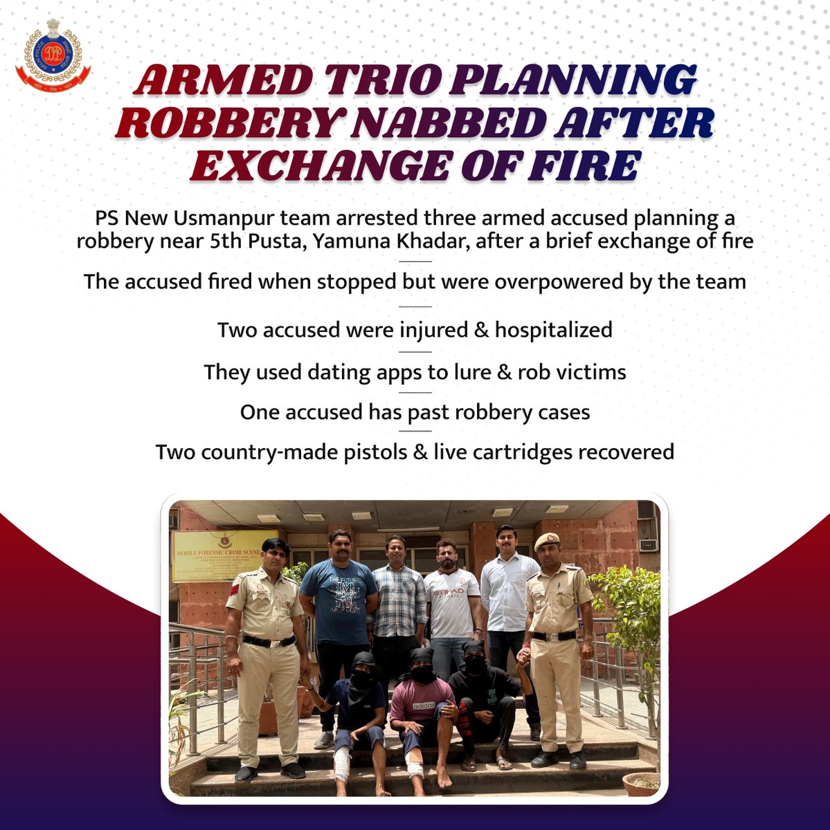 Delhi Police (@delhipolice) on Twitter photo Team of PS New Usmanpur <a href="/DCPNEastDelhi/">DCP North East Delhi</a> arrested three armed accused planning a robbery near Yamuna Khadar after a brief exchange of fire.
The accused fired first but were overpowered & arrested.
Two accused were injured during the encounter.
They lured victims via dating apps Team of PS New Usmanpur <a href="/DCPNEastDelhi/">DCP North East Delhi</a> arrested three armed accused planning a robbery near Yamuna Khadar after a brief exchange of fire.
The accused fired first but were overpowered & arrested.
Two accused were injured during the encounter.
They lured victims via dating apps