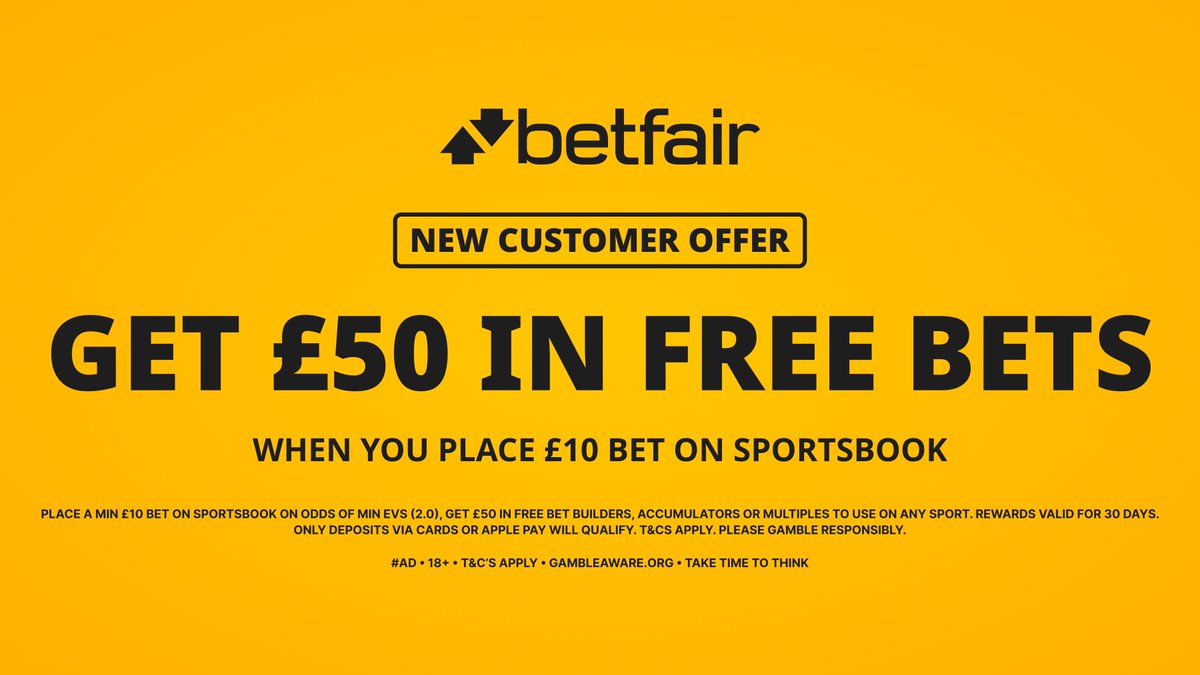 Brilliant offer from Betfair! 🟠

New customers bet £10 AND GET £50 in free bets when you join HERE 👇 footyaccums.bet/BF10get50FA

Ad GambleAware.org 18+ New Customer Offer T&amp;Cs Apply