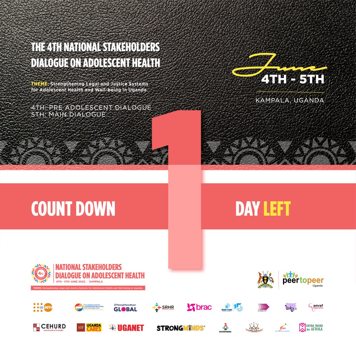 The wait is almost over!
 On 4th June, we come together in Kampala for the 4th #ADHDialogue2025 on Adolescent Health. This is more than a conference, it's about protecting rights, amplifying youth voices, and shaping policies that serve every adolescent.
#AdolecentHealth
