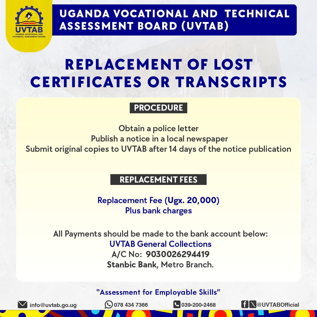 Need to certify or replace your UVTAB certificates/transcripts? Follow the steps and fees outlined by the Uganda Vocational and Technical Assessment Board! 
#UVTAB
 #Certification 
#SkillsAssessment