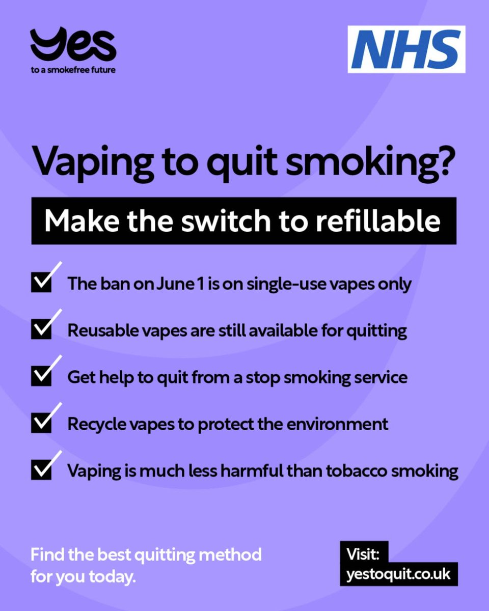 As the ban on single-use vapes takes in now in effect (from June 1st), we're sharing guidance for those using them as a quit smoking aid.

This includes recommendations for reusable and refillable alternatives to help reduce the risks associated with tobacco use and save money.