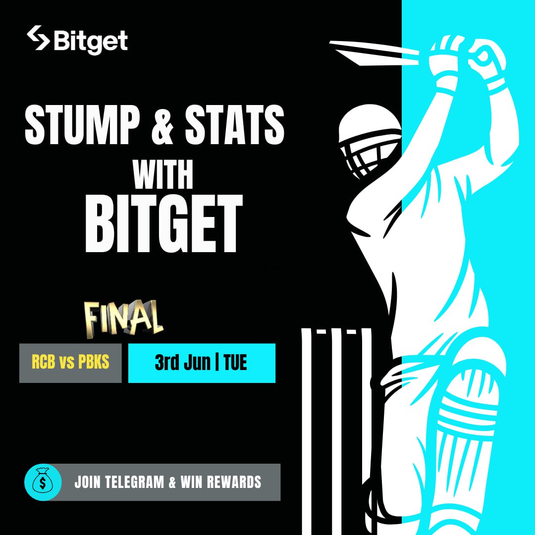 🏏 Stump &amp; Stats: The Final Showdown

#RCBvsPBKS face off in the grand finale this Tuesday.

Hop into #Bitget SA Telegram and answer match-day questions to win from 100 USDT!

🗓 June 3 | 7:30 PM IST
📍 t.me/bitgetindian

✅ Follow <a href="/BitgetIndia/">Bitget South Asia</a>, RT &amp; tag 3 frens