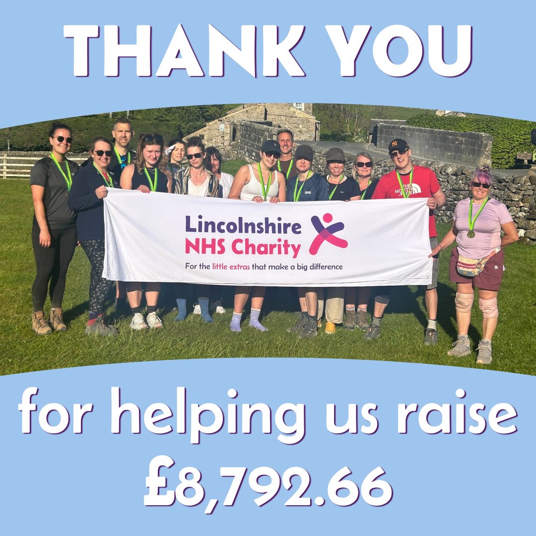 Lincolnshire NHS Charity 💙 (@lincsnhscharity) on Twitter photo After three peaks, 25 miles, and 12 hour of climbing, our Yorkshire Three Peaks fundraiser is closed!
We’re thrilled that our amazing <a href="/LPFTNHS/">Lincolnshire Partnership NHS Foundation Trust</a> and <a href="/LincsCommHealth/">Lincs Comm Health</a> colleagues raised £8,792.66 to support our work!⛰️
Huge thanks to them and every person who sponsored them. 💙 After three peaks, 25 miles, and 12 hour of climbing, our Yorkshire Three Peaks fundraiser is closed!
We’re thrilled that our amazing <a href="/LPFTNHS/">Lincolnshire Partnership NHS Foundation Trust</a> and <a href="/LincsCommHealth/">Lincs Comm Health</a> colleagues raised £8,792.66 to support our work!⛰️
Huge thanks to them and every person who sponsored them. 💙