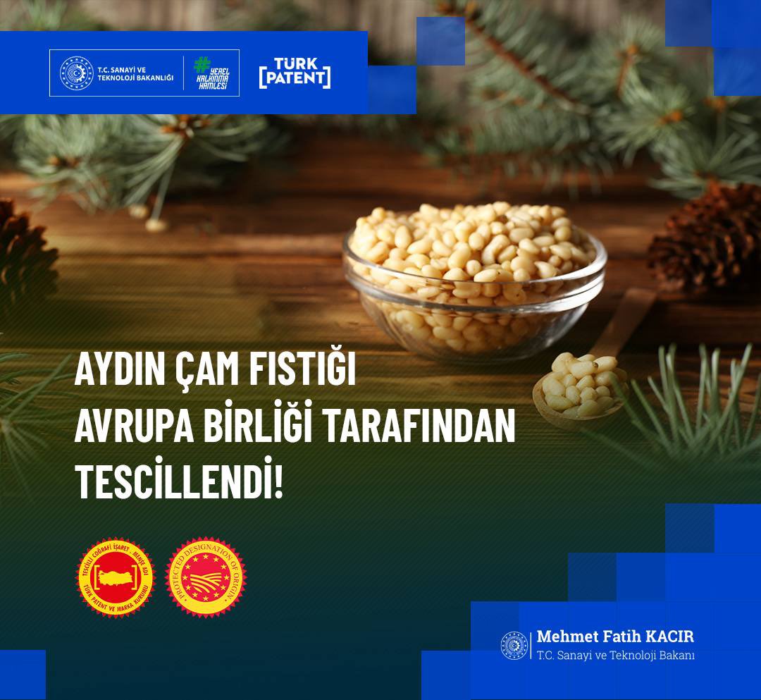 Uluslararası coğrafi işaret tescillerinde güzel haberler paylaşmaya devam ediyoruz.

🇹🇷🇪🇺 Aydın Çam Fıstığı, Avrupa Birliği’nde tescillenen 33. coğrafi işaretimiz oldu. 

Üreticilerimizi ve emeği geçen herkesi yürekten tebrik ediyorum. 

Yerel ürünlerimizin marka değerinin