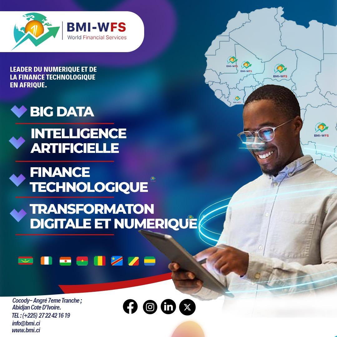 L’Afrique se digitalise, et nous sommes à l’avant-garde.
BMI-WFS, c’est la puissance de la #FinTech, de l’#IA et du #BigData au service du continent.
Ensemble, faisons avancer la #TransformationDigitale.

#BMIWFS #TechAfrica #Innovation #Digitalisation #FinanceNumérique #BigData