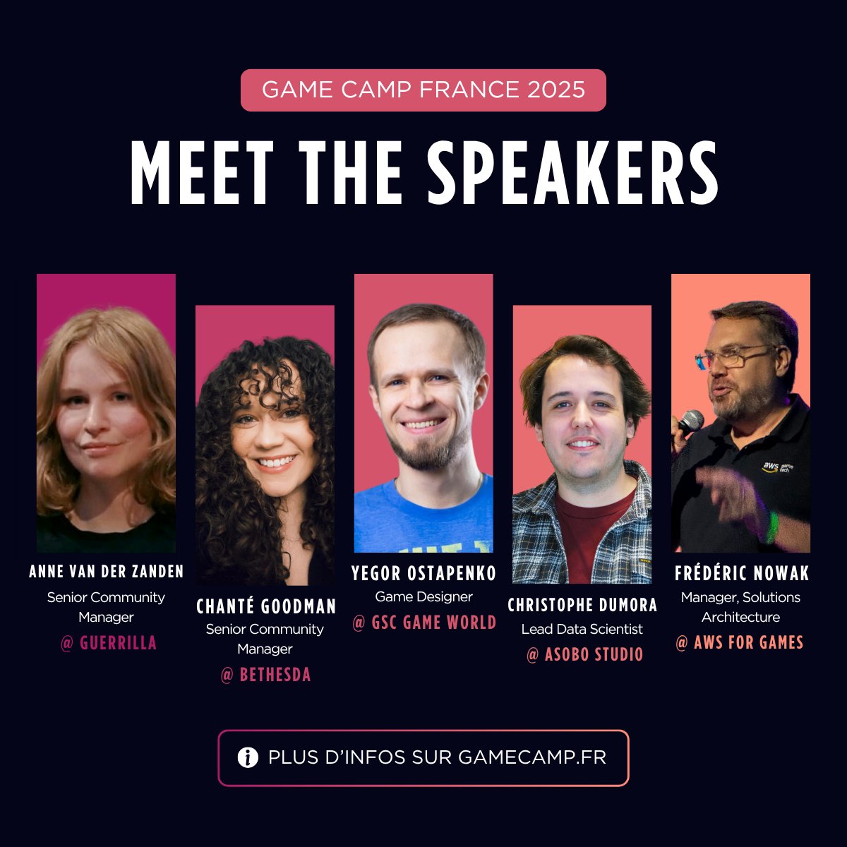 GameCampFrance's tweet image. ANNONCE SPEAKERS #9 🎙️
Voici de nouveaux speakers qui seront présent·e·s au #GameCamp :
• Anne van der Zanden & Chanté Goodman de @Guerrilla / @bethesda :
“Protecting Minority Communities in the Face of an Everchanging Sociopolitical Landscape"
• Yegor Ostapenko de @GSC_GW :…
