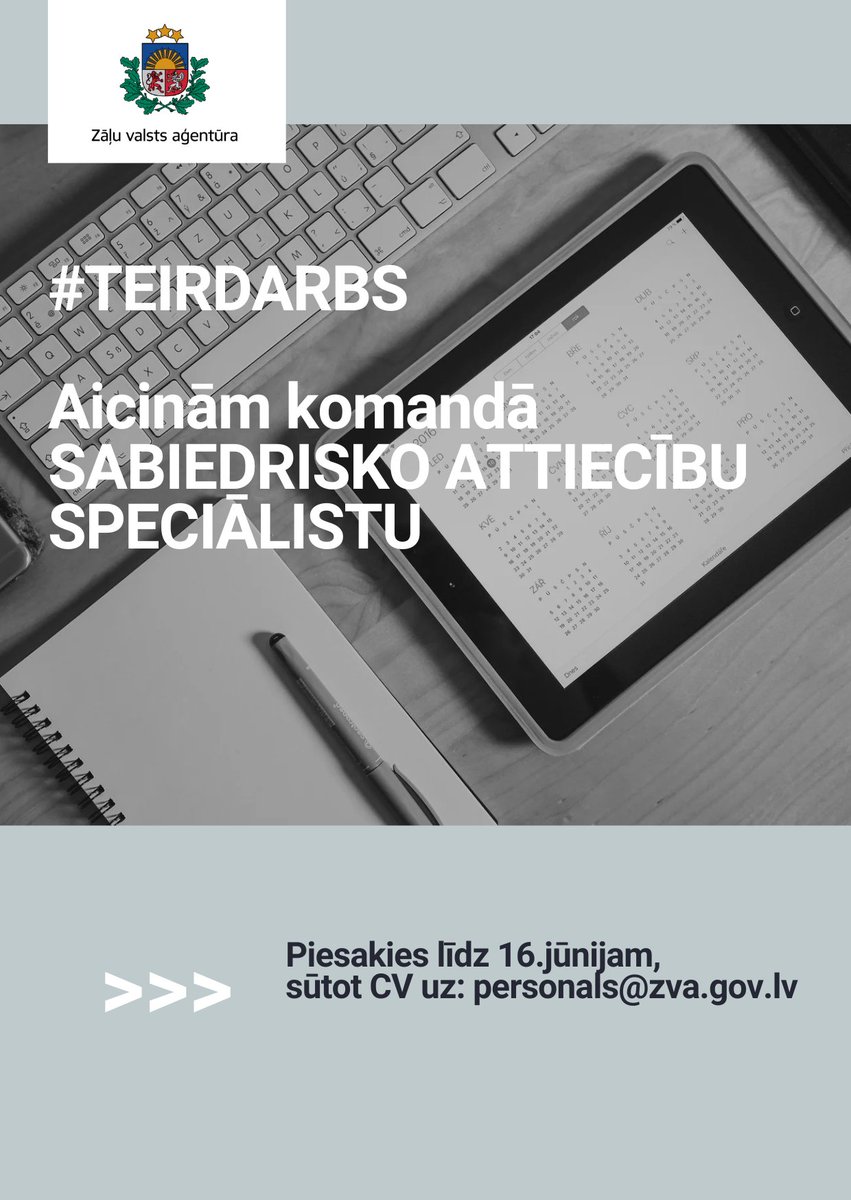 Zāļu valsts aģentūra (@zvalatvija) on Twitter photo 📢Aicinām Zāļu valsts aģentūras komandai pievienoties sabiedrisko attiecību speciālistu! #teirdarbs
Plašāka informācija ➡️ zva.gov.lv/.../sabiedrisk…
📨Sūti CV uz personals@zva.gov.lv līdz 16. jūnijam! 📢Aicinām Zāļu valsts aģentūras komandai pievienoties sabiedrisko attiecību speciālistu! #teirdarbs
Plašāka informācija ➡️ zva.gov.lv/.../sabiedrisk…
📨Sūti CV uz personals@zva.gov.lv līdz 16. jūnijam!