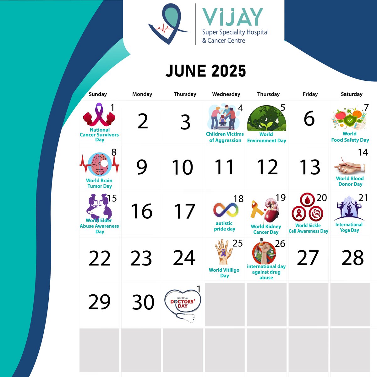 vsshcc's tweet photo. June 2025 Health Awareness Calendar

At Vijay Super Speciality Hospital &amp; Cancer Centre, we stand together to spread awareness and support global health causes. 

Join us this June in recognizing these important days

#VijayHospital #HealthAwareness #June2025 #CancerSurvivorsDay https://t.co/VKllJFo3hk