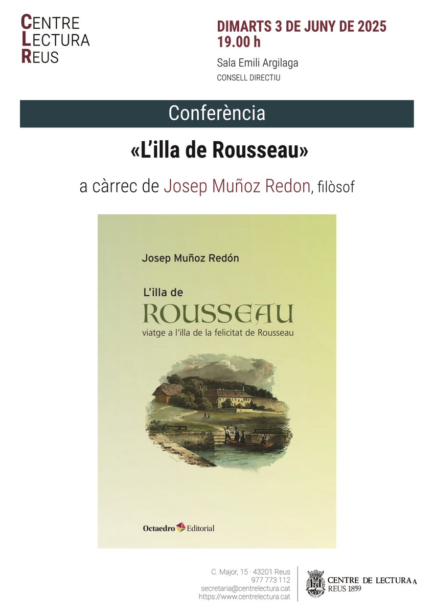 Centre de Lectura (@centredelectura) on Twitter photo 📢 Us informem que demà dimarts, a les 19.00, el filòsof Josep Muñoz Redon pronunciarà la conferència «L’illa de Rousseau» #Reus #CLR #joproposo <a href="/AgendaCultura/">Agenda Cultural de Catalunya</a> <a href="/ReusCultura/">Reus Cultura</a> <a href="/SagendaCultura/">S´Agenda Cultura</a> <a href="/Surtdecasa/">Surtdecasa</a> <a href="/canalreus/">Canal Reus</a> <a href="/laguiadereus/">La Guia de Reus</a> <a href="/reusdigitalcat/">Reusdigital.cat</a> 📢 Us informem que demà dimarts, a les 19.00, el filòsof Josep Muñoz Redon pronunciarà la conferència «L’illa de Rousseau» #Reus #CLR #joproposo <a href="/AgendaCultura/">Agenda Cultural de Catalunya</a> <a href="/ReusCultura/">Reus Cultura</a> <a href="/SagendaCultura/">S´Agenda Cultura</a> <a href="/Surtdecasa/">Surtdecasa</a> <a href="/canalreus/">Canal Reus</a> <a href="/laguiadereus/">La Guia de Reus</a> <a href="/reusdigitalcat/">Reusdigital.cat</a>