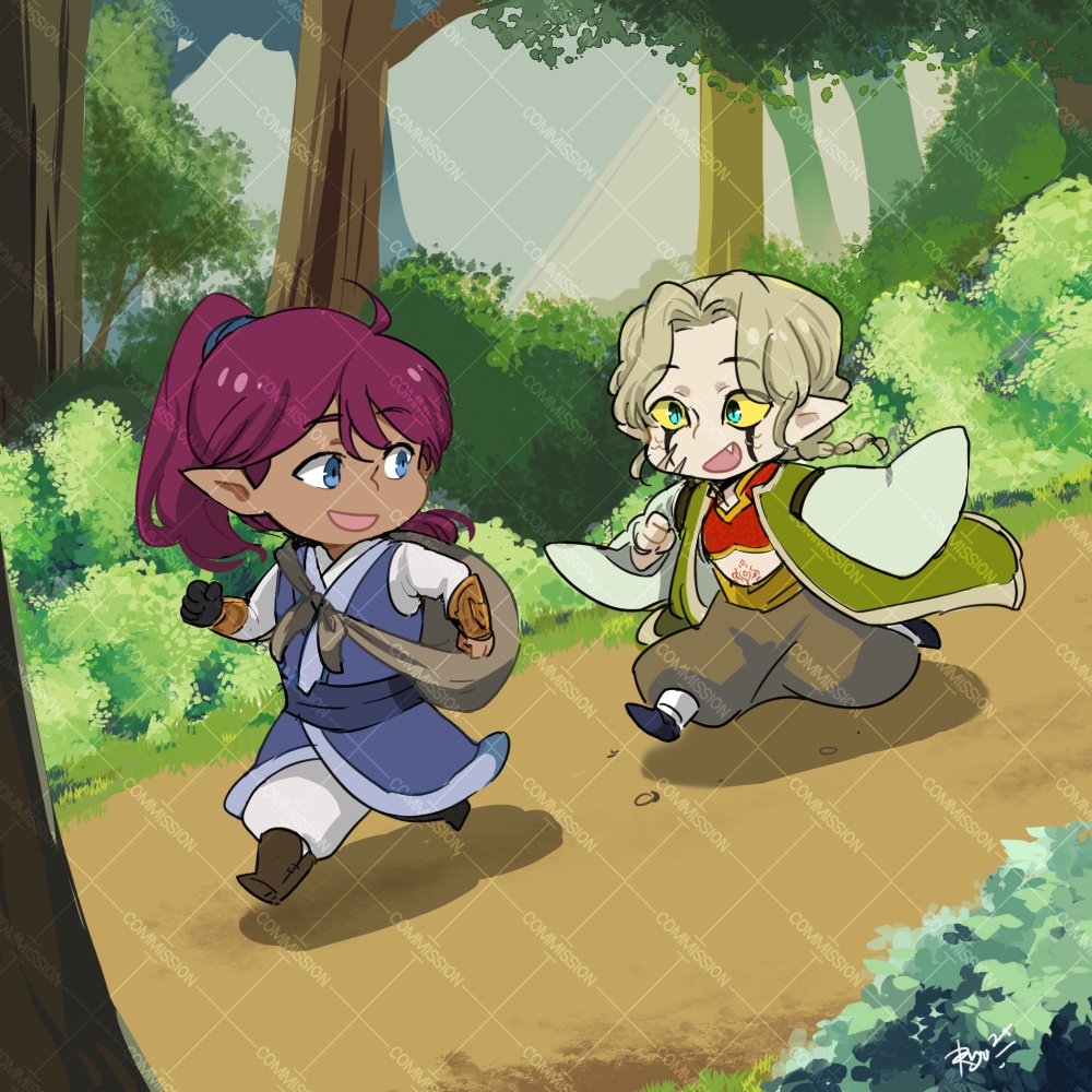 ryoplica's tweet image. Finished with chibi c0mm (detailed bg) of @/BreadFalling's OCs travelling through a forest~ Hope i did the characters justice _(:3」∠)_