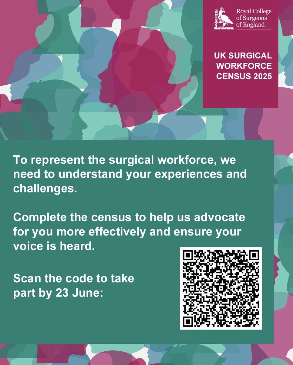 📢 Calling all surgeons!
The <a href="/RCSEng/">rcs.eng</a> Surgical Workforce Census is LIVE 📝
Your voice matters — help shape the future of surgery.

📌 Share this poster with your colleagues and encourage everyone to take part!

#SurgicalWorkforce #RCSEng #FutureOfSurgery