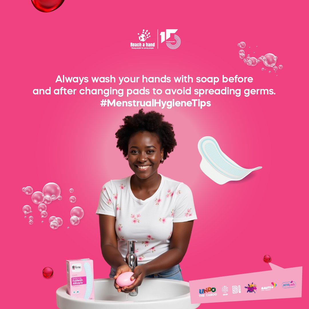 reachahand's tweet photo. Clean hands equal safe periods!🧼🫧

Always wash your hands with soap and clean water before &amp; after changing pads to protect you from dirt &amp; infections.

Your health matters every day of the month! 

#UndoTheTaboo #RightHereRightNow #BIlliNowNow https://t.co/PCps58i3Up