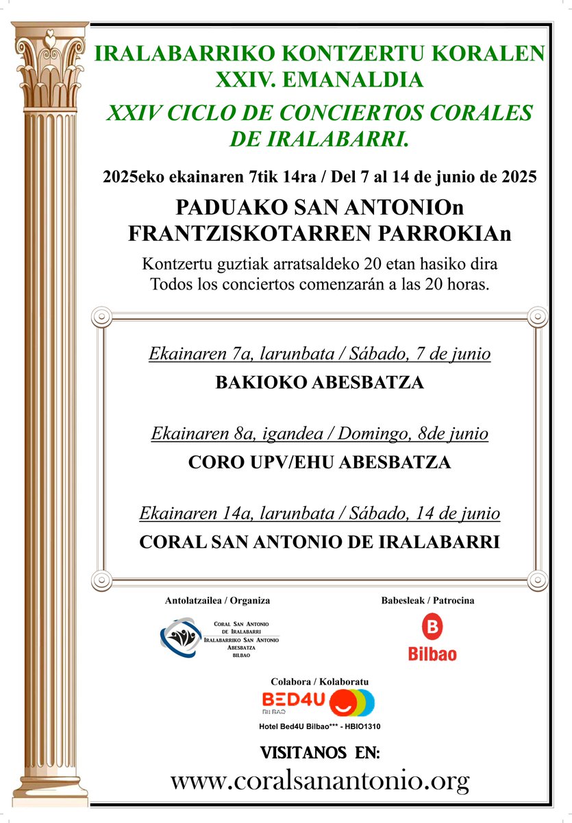 En cinco días comienza el XXIV Ciclo de conciertos corales de Iralabarri. Tomar nota en vuestras agendas. No faltéis.