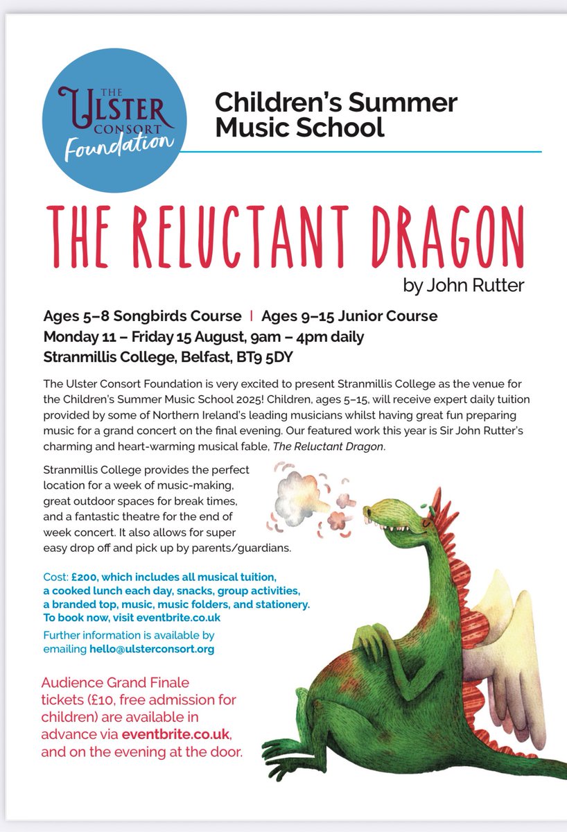 The <a href="/ulsterconsort/">The Ulster Consort</a>’s much loved annual Children’s Summer School isn’t far away! We’re in <a href="/stranbelfast/">Stranmillis University College</a> singing lots of <a href="/johnmrutter/">John Rutter</a>. 

All details are on the flyer below. 

Places are already going quickly, so early booking is advised: eventbrite.co.uk/e/summer-music…