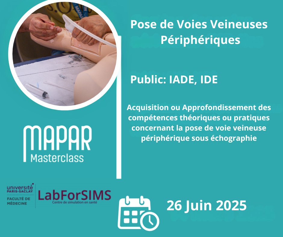 Masterclass sur la pose des voies veineuses périphériques sous échographie le 26 Juin 2025!

Des places encore disponible pour IADE, IDE !

Inscription sur le site de mapar.org
#anesthesie #reanimation  #VVP #echographie