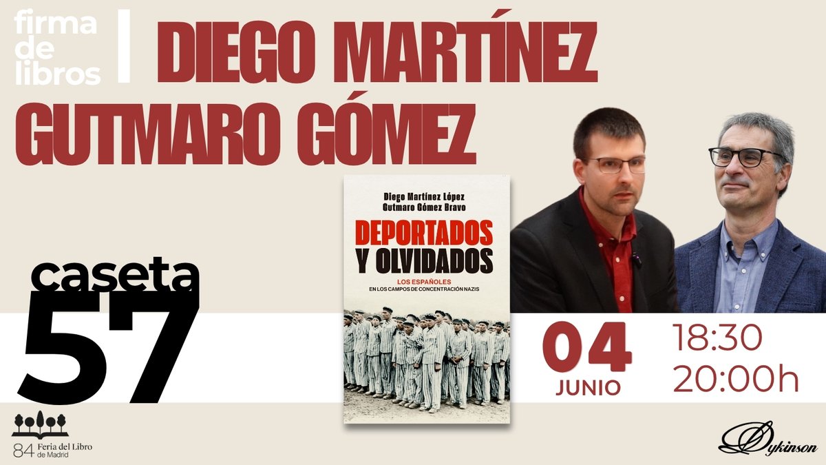 Librería - Editorial Dykinson 📚 (@dykinsonlibros) on Twitter photo Miércoles 4 de junio de 18:30 a 20:00h
📍Caseta 57
👤Diego Martínez (<a href="/DiegoMartinezL/">Diego Martínez</a>) y Gutmaro Gómez (<a href="/gunde_bravo/">Gutmaro G Bravo</a>) con su obra «Deportados y olvidados: los españoles en los campos nazis»
#FLMadrid25 #Madrid #Cultura #libros #firmas #nuevayork <a href="/esferalibros/">La Esfera de los Libros</a> Miércoles 4 de junio de 18:30 a 20:00h
📍Caseta 57
👤Diego Martínez (<a href="/DiegoMartinezL/">Diego Martínez</a>) y Gutmaro Gómez (<a href="/gunde_bravo/">Gutmaro G Bravo</a>) con su obra «Deportados y olvidados: los españoles en los campos nazis»
#FLMadrid25 #Madrid #Cultura #libros #firmas #nuevayork <a href="/esferalibros/">La Esfera de los Libros</a>