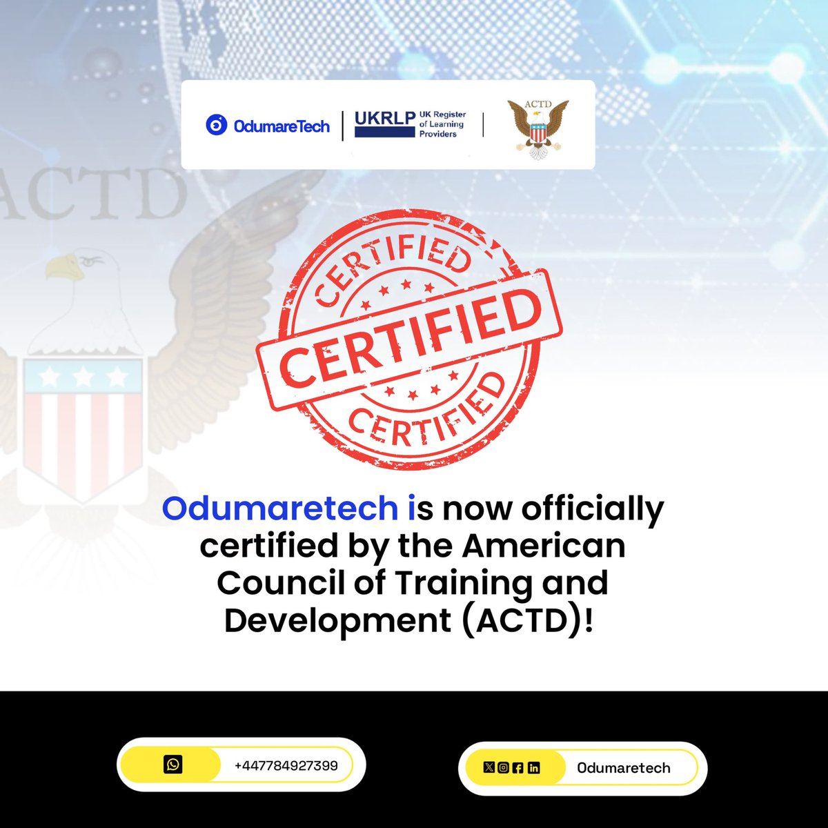 OdumareTech's tweet photo. Happy New Month! 🎉
We’re proud to announce that OdumareTech is now ACTD certified! 🇺🇸
Cheers to global standards &amp; world-class training! 🌍💻

#OdumareTech #ACTDCertified #TechAfrica #DigitalSkills #EdTech #JuneUpdate #HappyNewMonth https://t.co/vvD7FT4kpo
