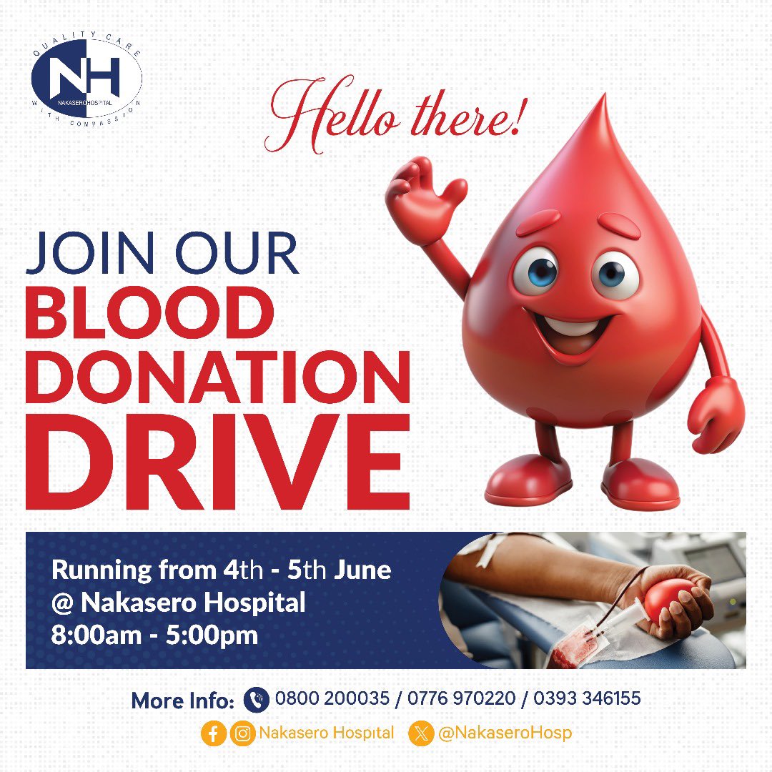 Join Us for a Life-Saving Blood Donation Drive! 

Nakasero Hospital, in collaboration with the    <a href="/ubtsug1/">Uganda Blood Transfusion Service (UBTS)</a> (Uganda Blood Transfusion) Services, invites you to participate in our upcoming blood donation drive:

📅 Dates: 4th &amp; 5th June 2025
🕗 Time: 8:00 AM – 5:00 PM
📍 Venue: