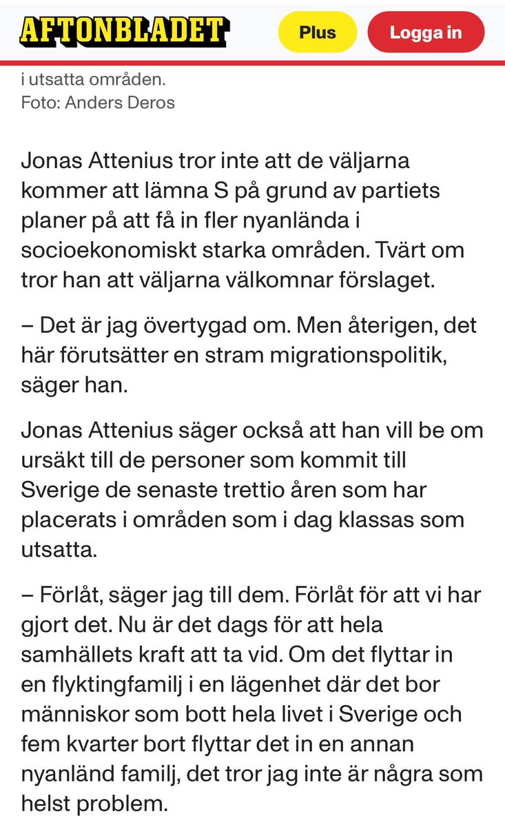”Förlåt till alla nyanlända – nu är det svenskarnas tur att flytta på sig.”
Jonas Attenius (S) vill inte bara “blanda befolkningen” – han vill offra svenska trygghetsområden för att rätta till 30 års S-misslyckanden.
Sinnesjukt parti. Sinnesjuk man.