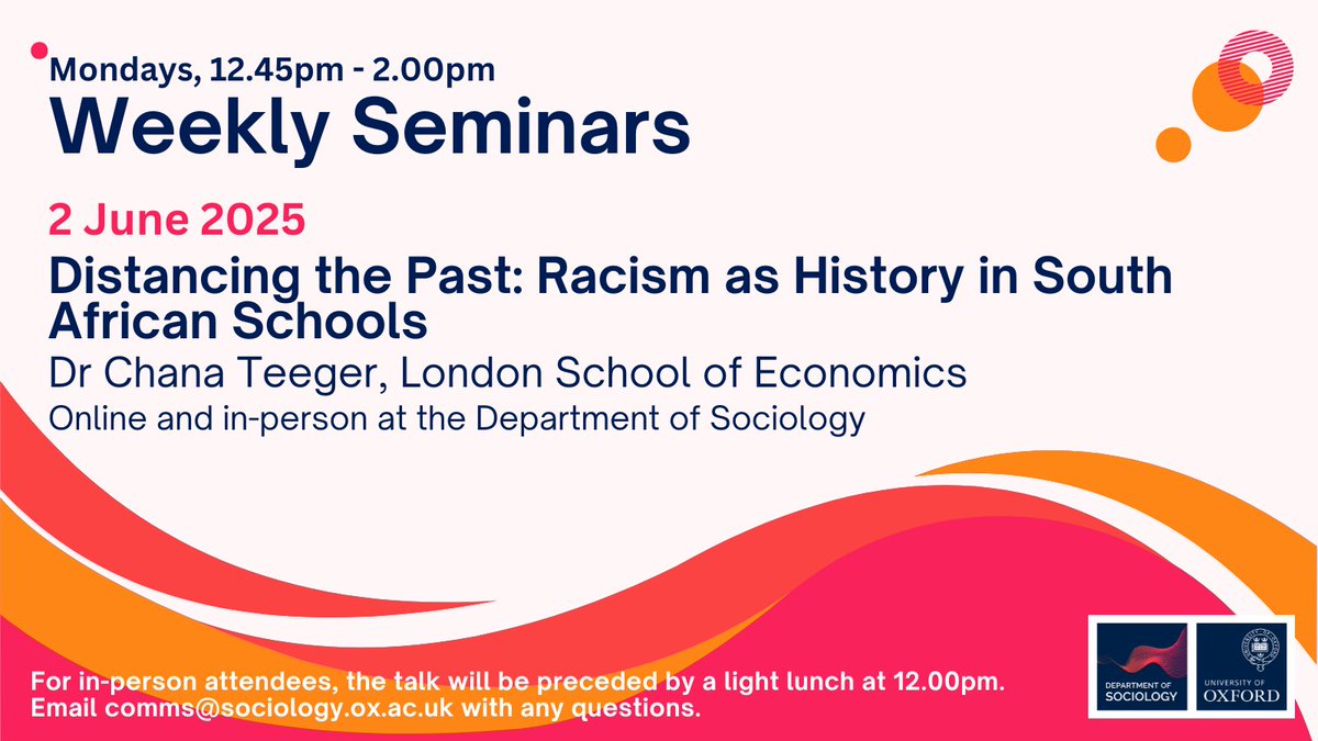🌟 A reminder about today’s talk by Dr Chana Teeger!

She’ll explore how histories of racial oppression are dealt with in contexts of diversity, looking into the context of South African schools.

📍 Online &amp; in person