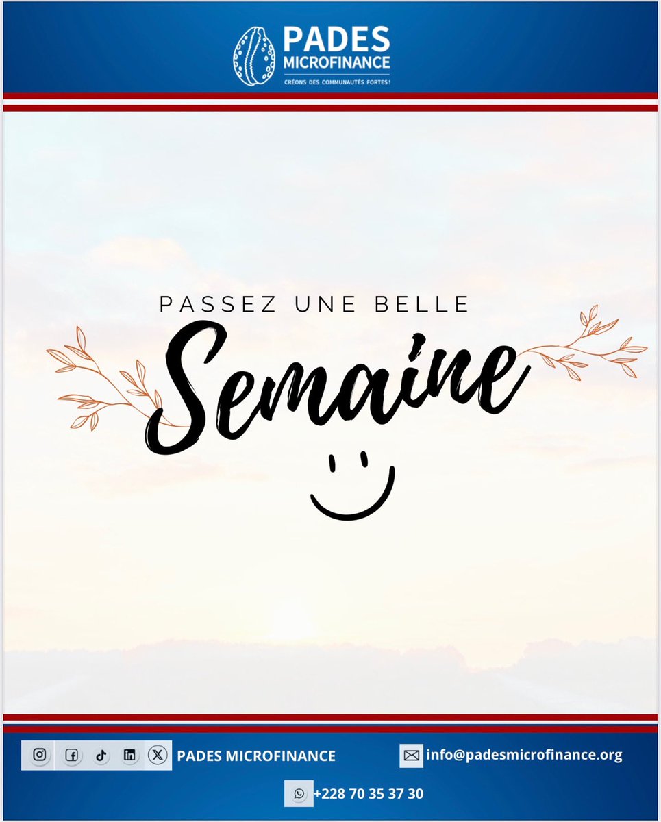 PadesfinanceTg's tweet photo. Nouveau jour, nouvelle semaine, nouvelles chances !
Chez PADES MICROFINANCE, nous croyons en vos rêves, en votre courage, et en la force de notre communauté 
#ForceEnsemble #PADESMICROFINANCE #BonDébutDeSemaine #Espoir #Solidarité #AvecPADES https://t.co/J0rVXsbNsi