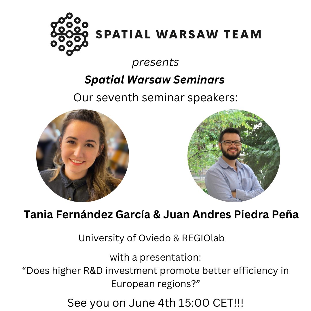 Our next #spatialwarsawseminar speakers - Tania Fernández García and Juan Andrés Piedra Peña from <a href="/UniOviedo/">University of Oviedo</a> <a href="/REGIOlab/">REGIOlab</a> 

See you on <a href="/EconUW/">WNE_UW</a> or Zoom:

uw-edu-pl.zoom.us/j/94681935483?…

ID: 946 8193 5483
Passcode: 590491