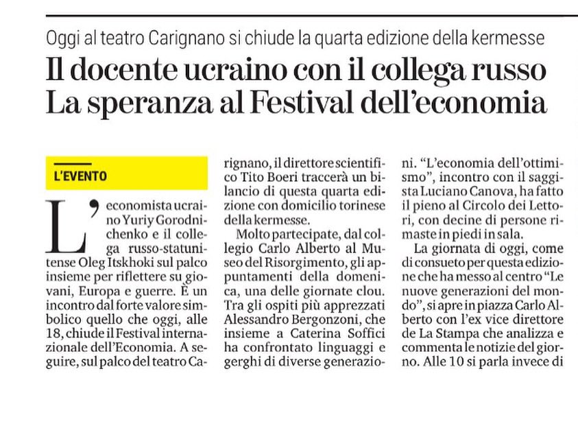 Le cose importanti. 
Il docente ucraino con il collega russo. La speranza al Festival dell'economia <a href="/festinteconomia/">Festival Internazionale dell'Economia</a>