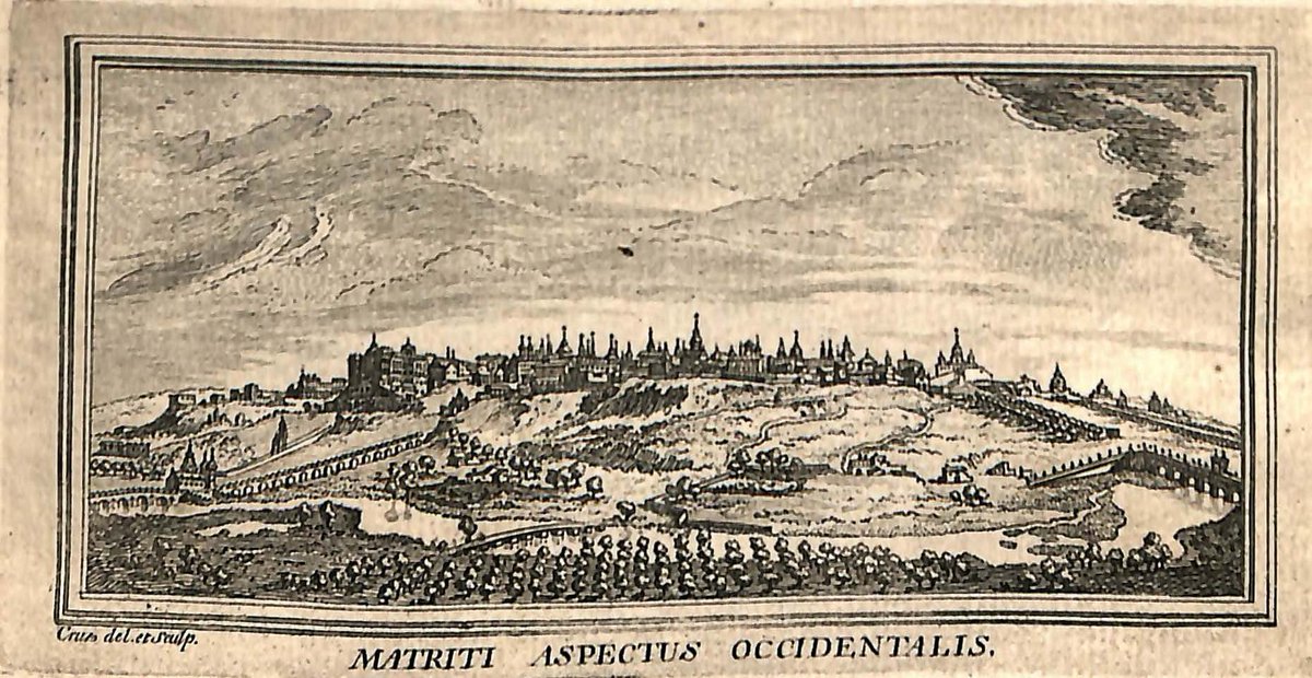 Juan de la Cruz Cano y Olmedilla (1734-1790) dibuja y graba esta fachada oeste (aspectus occidentalis) de #Madrid  en 1762, donde se aprecia la cara más amable de la ciudad, enmarcada entre los puentes de Segovia y Toledo, y el flamante "Palacio Nuevo" a la izquierda de la imagen
