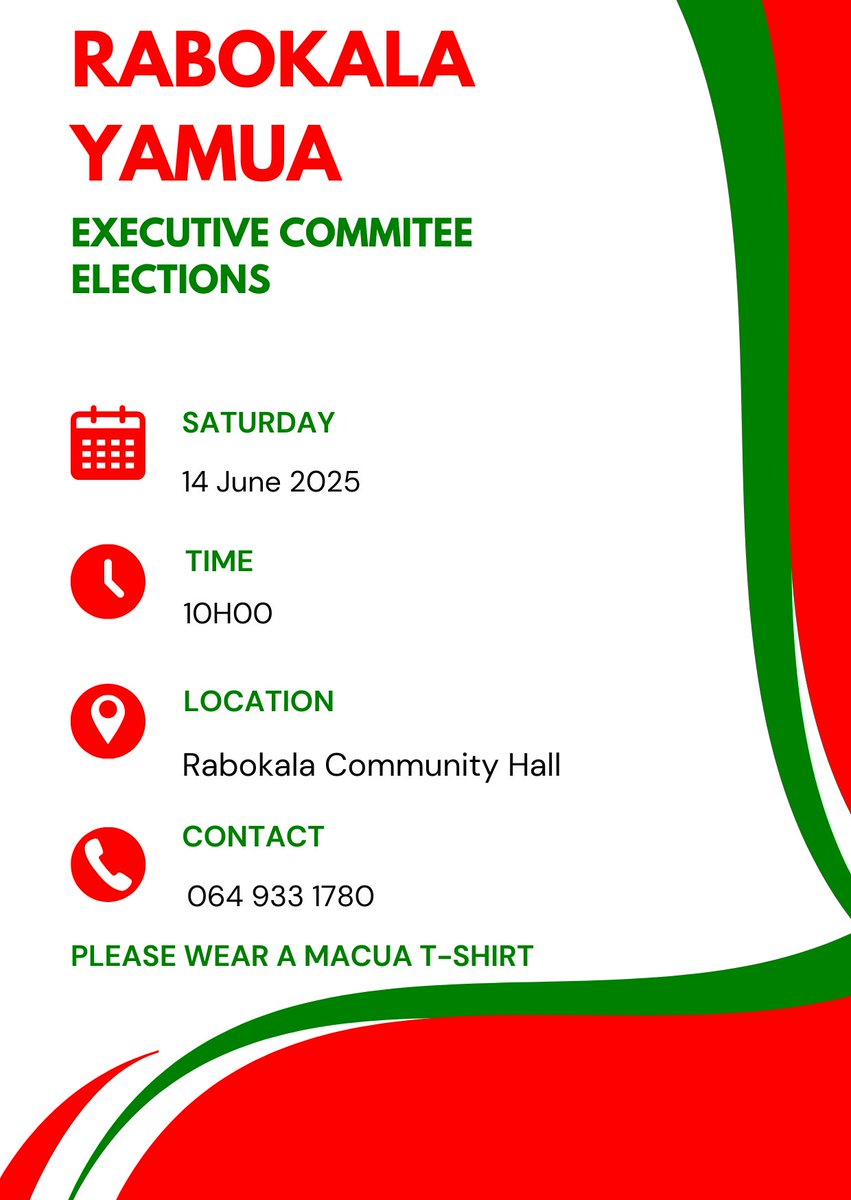 The YAMUA Rabokala Branch invites members to participate in the Executive Committee Elections to establish a YAMUA structure.
Further details are available on the poster.                                                                              #MACUAWAMUA 
#YAMUARabokala