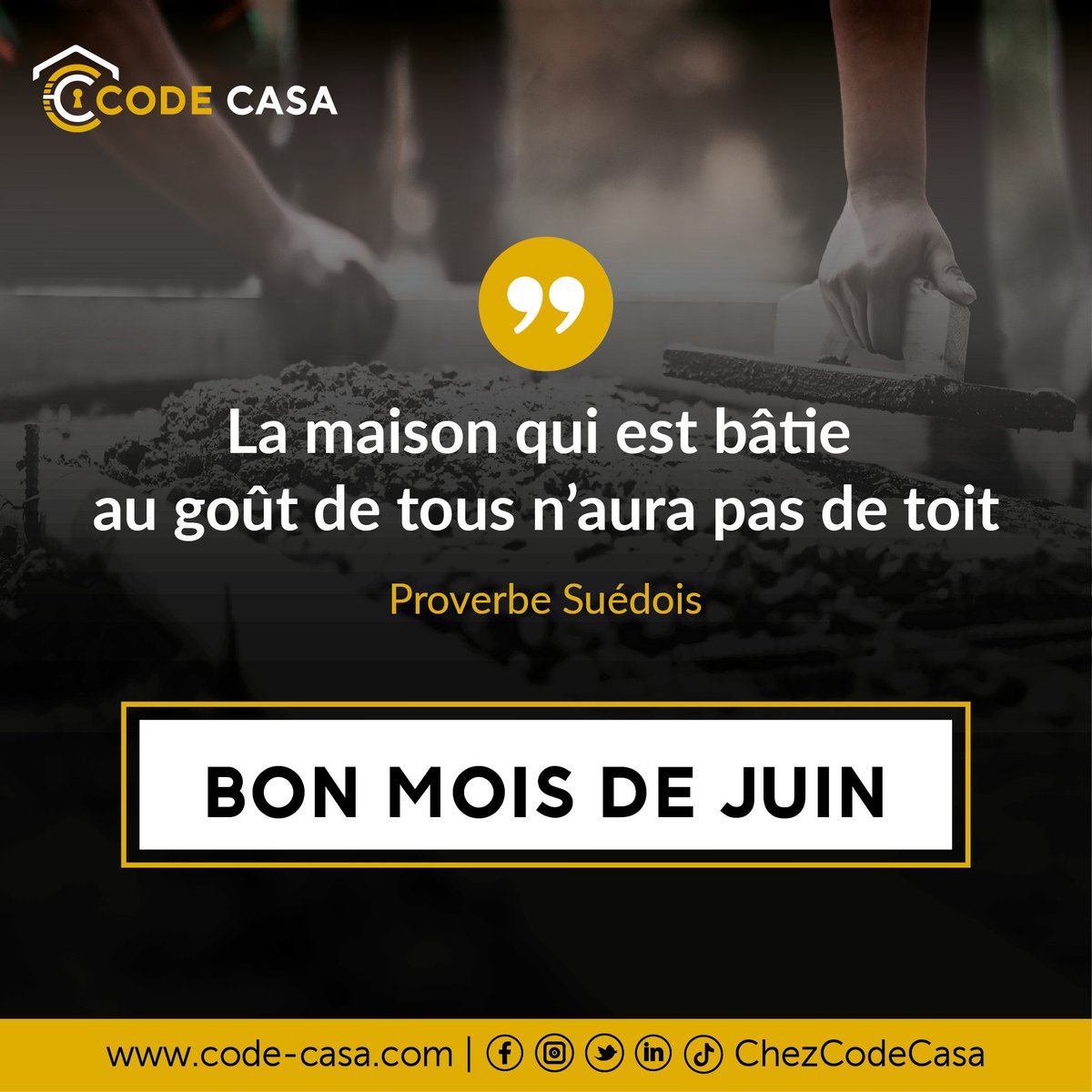 ChezCodeCasa's tweet photo. Chaque projet, chaque chantier, porte l'empreinte de ceux qui l'imaginent et notre équipe est là pour donner vie à ces idées. 

Bon mois de Juin à vous ! 😊

#ChezCodeCasa
#CreateursDhabitats
#entreprisetouscorpsdetat https://t.co/gzGeCNa12T