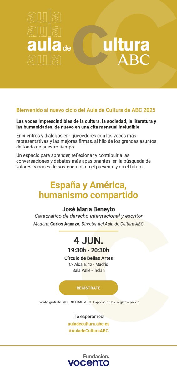 Real Instituto Univ. de Estudios Europeos (@ridee_ceu) on Twitter photo 📌 Este miércoles 4 de junio a las 19:30h, José María Beneyto (<a href="/JosMariaBeneyto/">José María Beneyto</a>) hablará en el Aula de Cultura de <a href="/abc_es/">ABC.es</a> sobre 'España y América, humanismo compartido'. Una reflexión histórica en tiempos de desorden global.
📖 Más info e inscripciones: auladecultura.abc.es/jose-maria-ben… 📌 Este miércoles 4 de junio a las 19:30h, José María Beneyto (<a href="/JosMariaBeneyto/">José María Beneyto</a>) hablará en el Aula de Cultura de <a href="/abc_es/">ABC.es</a> sobre 'España y América, humanismo compartido'. Una reflexión histórica en tiempos de desorden global.
📖 Más info e inscripciones: auladecultura.abc.es/jose-maria-ben…