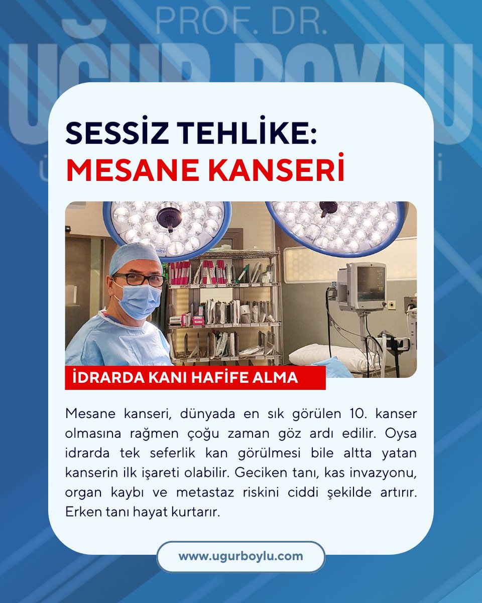 İdrarda ağrısız kan görmek mesane kanserinin ilk ve tek belirtisi olabilir. Gecikmiş tanı, organ kaybı ve metastaz riskini artırır. Erken tanı hayat kurtarır. Kanserleri sessizce beklemeyin, idrarda kanı asla göz ardı etmeyin. #MesaneKanseri #ErkenTanı