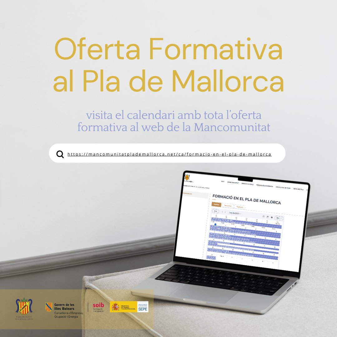 📚 Oferta formativa al Pla de Mallorca

🔎 Descobreix cursos per millorar el teu currículum 👉 mancomunitatplademallorca.net/ca/formacio-en…

🛠️ Aquest servei forma part del programa SOIB – Desenvolupament Local.

#PlaDeMallorca #Formació #DesenvolupamentLocal #SOIB #MilloraProfessional