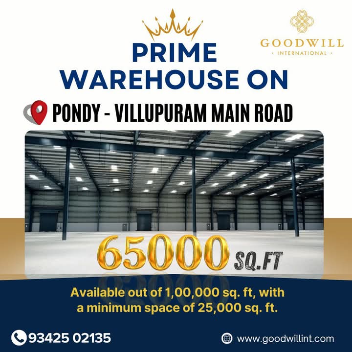 📦 Warehouse Space for Lease – NH-45A, Pondy-Villupuram Road
🔹 65,000 sq. ft. (from 25,000 sq. ft. onwards)📍 Location : maps.app.goo.gl/WCNXG9q9AHio3A…  
📲 WhatsApp: 9342502135

#WarehouseForLease #Pondicherry #Logistics #CommercialSpace #StorageSolutions #SarafHousing #LeaseSpace