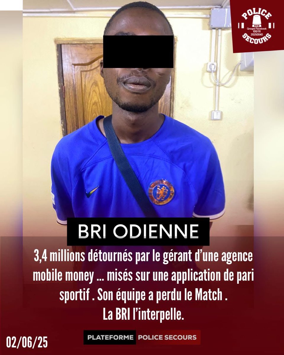 🔴 BRI ODIENNE : 3,4 millions détournés par le gérant d’une agence mobile money … misés sur une application de pari sportif . Son équipe a perdu le Match .

Il rêvait de se refaire une santé financière grâce aux paris sportifs. Mais sa stratégie a été lourdement écrasée.