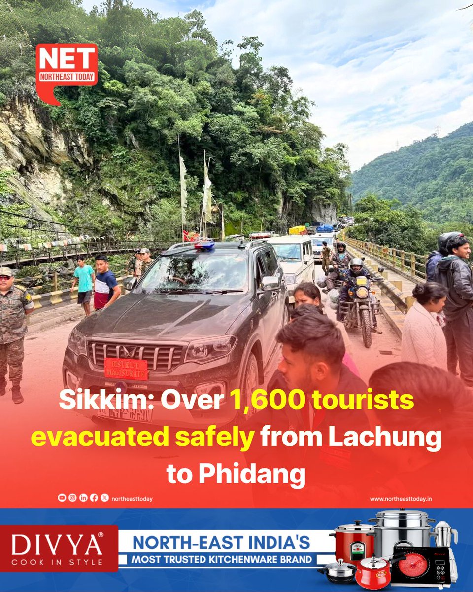 #Sikkim | The evacuation of tourists stranded in Lachung began early this morning with the first batch of 18 tourist vehicles successfully reaching Phidang in Lower Dzongu.

Read more..
northeasttoday.in/2025/06/02/sik…

#stranded #tourists #evacuation #Lachung #Phidang #NortheastToday