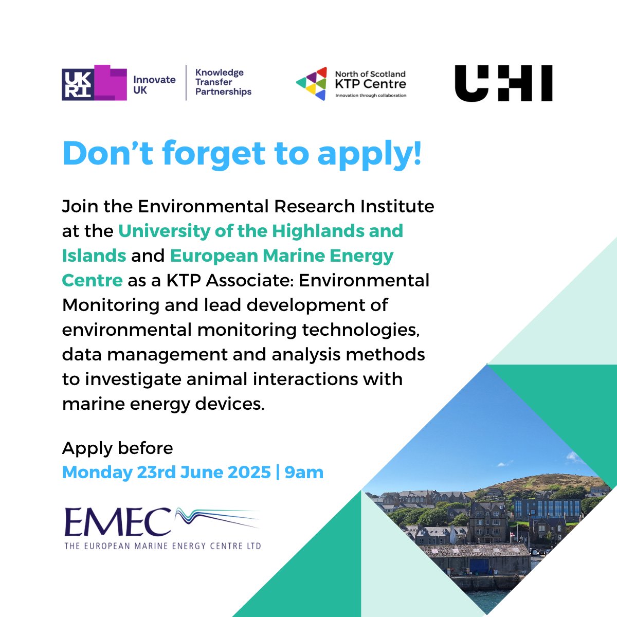 ktpnorthscot's tweet image. If you want to make an environmental impact, don’t forget to apply to this KTP project between UHI and EMEC.
⏰Apply before Monday 23rd June 2025 | 9am
🔗Full job description can be found here: bit.ly/3Z6Lvir