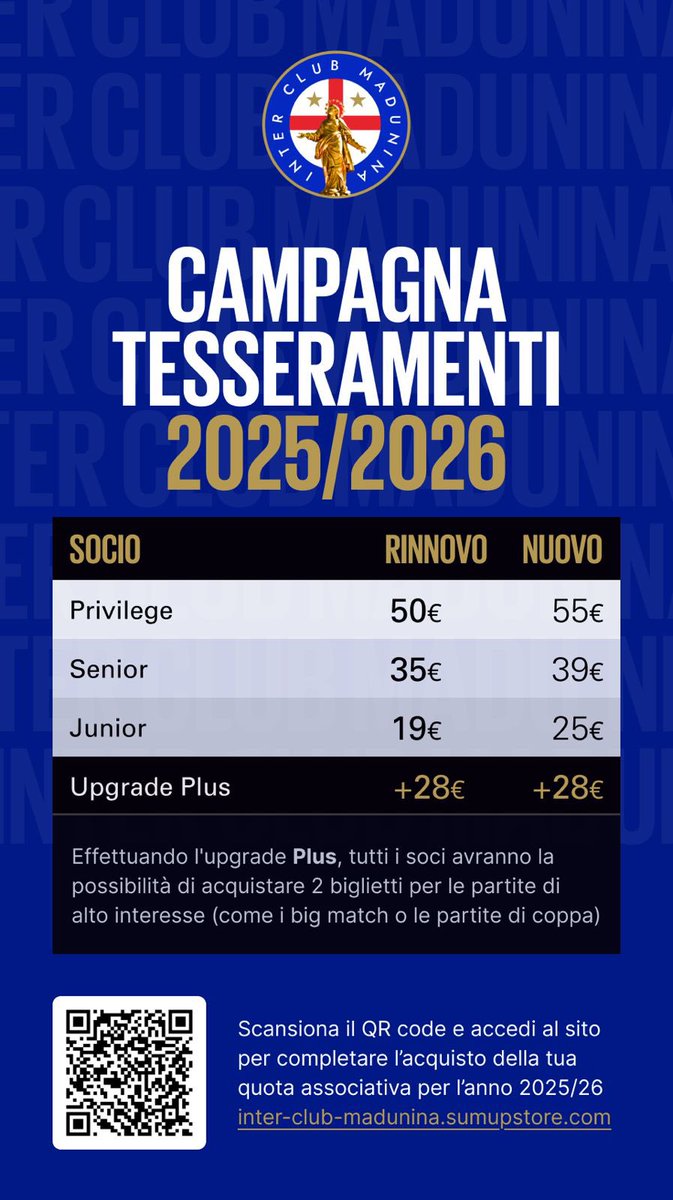 ICMadunina's tweet image. Buongiorno a tutti.
Guardiamo al futuro!
Chi desiderasse rinnovare o diventare Socio Inter Club Madunina, queste sono le quote comprensive di kit ufficiale Inter fino ad esaurimento. La quota Privilege comprende una donazione Charity.
Forza Inter 🖤💙
inter-club-madunina.sumupstore.com/categoria/quot…