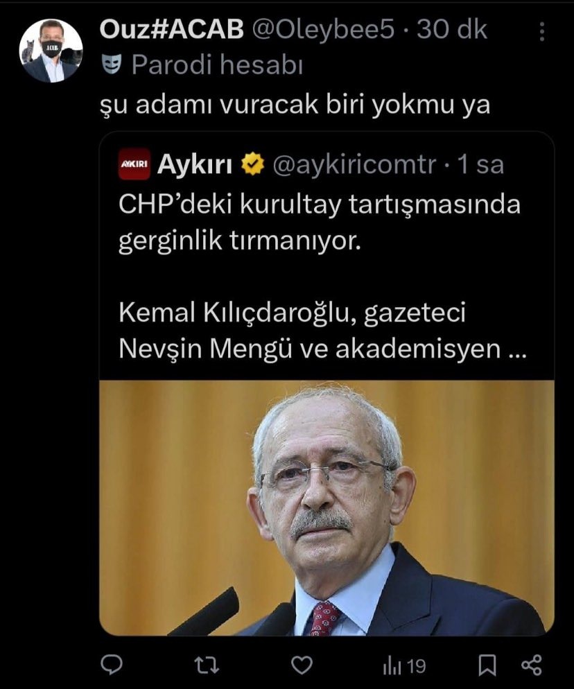 Silivri İnfaz Tatil Köyü Pancarının trolleri şirazeden kaydı!

Kılıçdaroğlu'nun geri dönme ihtimali, tekfur'un trollerini çıldırttı. "Oleybee5" adlı X hesabı, Kılıçdaroğlu'na ilişkin bir haberi alıntılayarak,"Şu adamı vuracak biri yok mu?" dedi. Hesap, kısa sürede askıya alındı.