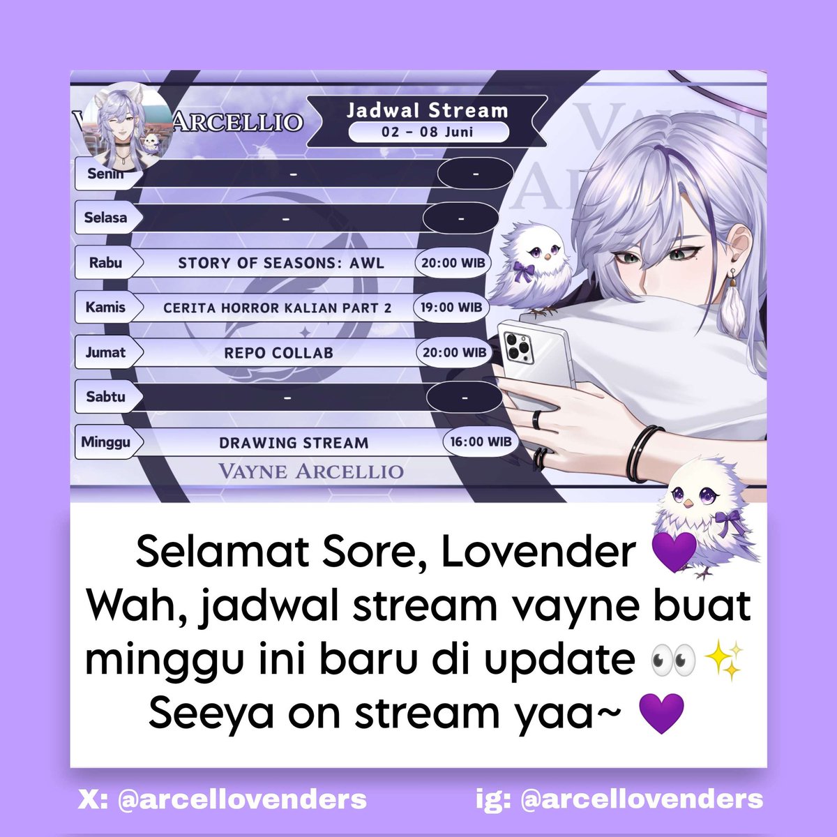 arcellovenders's tweet photo. Selamat sore, Lovender!
Wah, ini dia yang selalu kita tunggu ✨jadwal mingguan✨ stream Vayne 👀Jangan lupa untuk nyalakan bel notifikasi supaya tidak ketinggalan stream yaa~
Seeya on stream and lets have fun together, Lovender 💜
#VayneArcellio #Jadwalstreaming
-🍬 https://t.co/K3LuMEFux9