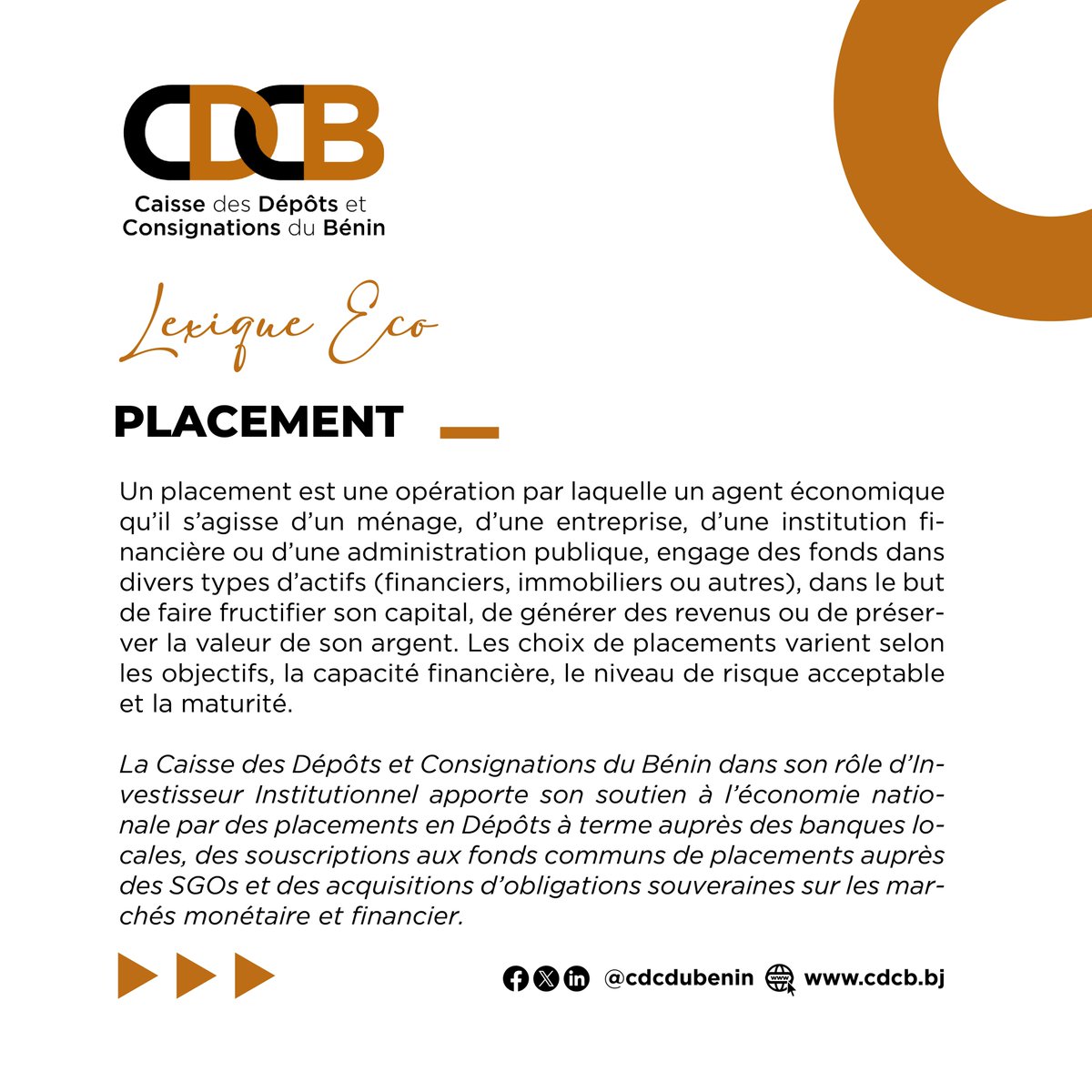 "PLACEMENT", est l'expression à découvrir cette semaine dans la rubrique #LexiqueEco. Que signifie ce terme et dans quel contexte l'utilise-t-on ?

Prenez le rendez-vous semaine prochaine ! 

<a href="/cdcdubenin/">Caisse des Dépôts et Consignations du Bénin</a>  au cœur du développement économique et social.