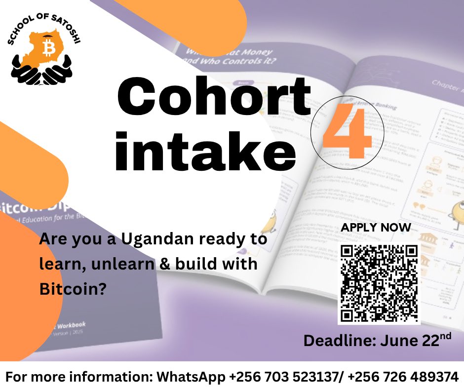 schoolOfSatoshi's tweet photo. 🧵1/2
🚀 Exciting news‼️ 

We’re back and better than before! Applications for Cohort 4 are now open! After a short pause, we are resuming in June with fresh Bitcoin classes 🇺🇬

Whether you’re new to Bitcoin or looking to deepen your understanding, this is for you. https://t.co/v5y9TO5GxA