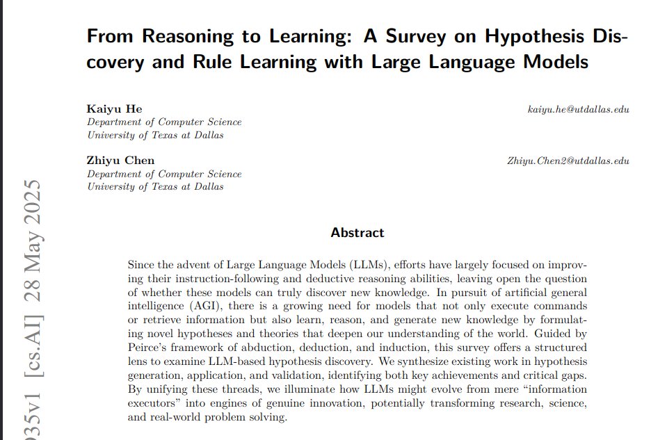 This paper surveys how LLMs can perform hypothesis discovery and rule learning by adopting Charles Peirce's framework of abduction, deduction, and induction.

Methods 🔧:

→ Abduction generates hypotheses explaining observations.

→ Deduction applies hypotheses to derive