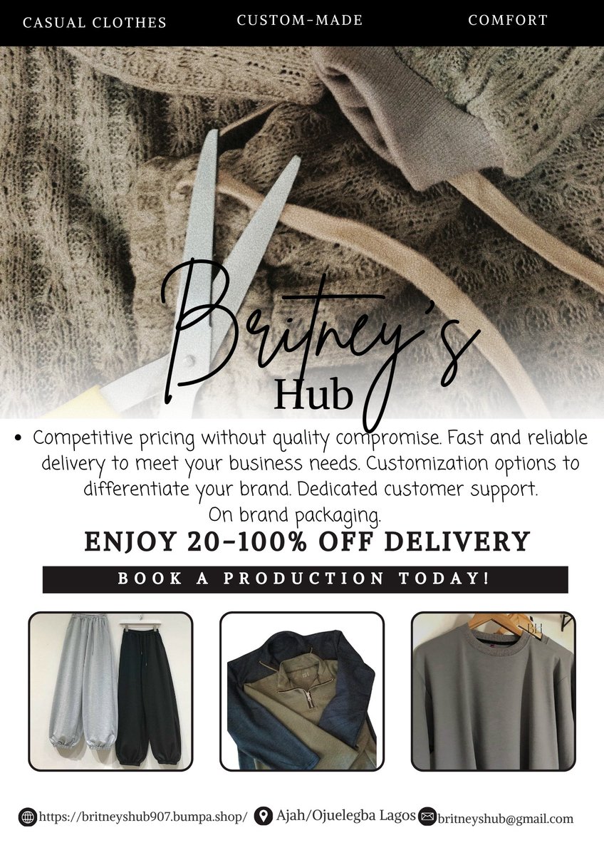 Writer & Maker of casual clothes (@britneywrites2) on Twitter photo If you plan to run errands, respond to emails, or simply just relax, we make casual clothes <a href="/Britneyshub/">Minimal Fashion: Custom-made casual fits/PBD-0425</a> for you.
Custom-made casual clothes made with fabrics handpicked for their sustainability features.
Need 1-5000pcs, DM or call 08127606866.
Wholesale - from N7000 & above If you plan to run errands, respond to emails, or simply just relax, we make casual clothes <a href="/Britneyshub/">Minimal Fashion: Custom-made casual fits/PBD-0425</a> for you.
Custom-made casual clothes made with fabrics handpicked for their sustainability features.
Need 1-5000pcs, DM or call 08127606866.
Wholesale - from N7000 & above