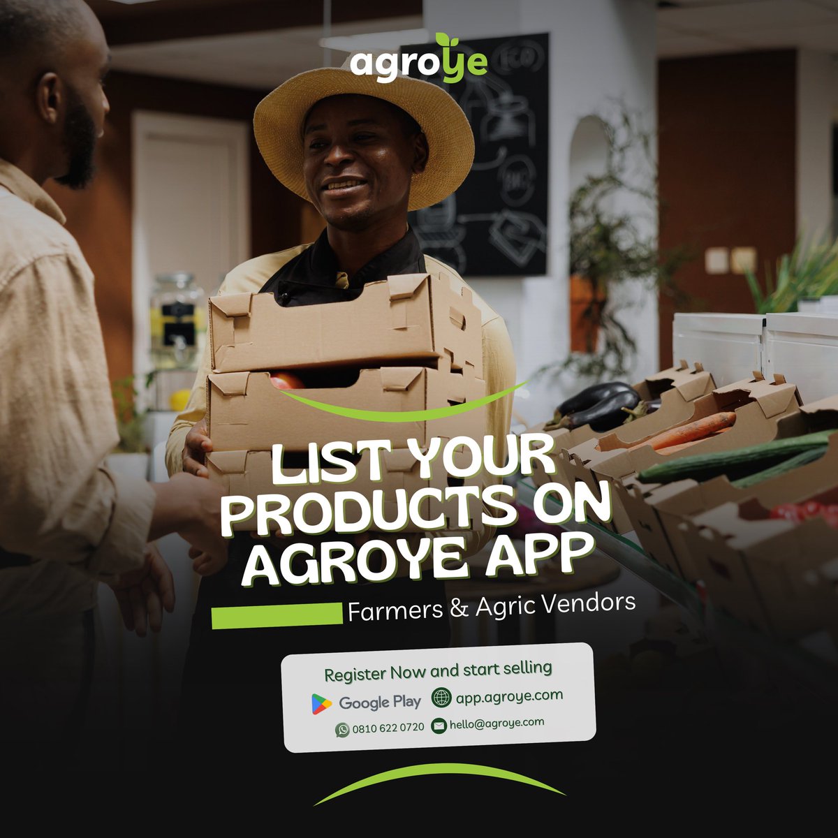 agroyemedia's tweet photo. Farmers &amp; agric vendors! 🌾
List your products on the AgroYe App today &amp; reach more buyers!
✅ Free to register
📲 Available on Google Play
📧 hello@agroye.com
#AgroYe #FarmersMarket #AgTech #Agribusiness #SupportLocal https://t.co/KR07Pwr6za