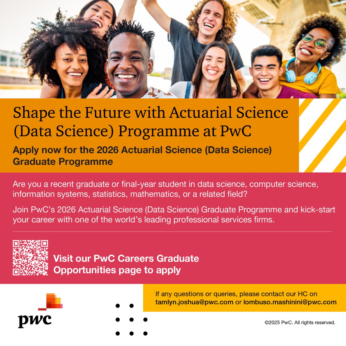Wits GRP (@wits_grp) on Twitter photo 🚀 Final-year student or recent grad in data, stats or comp sci?
PwC’s 2026 Actuarial Science (Data Science) Grad Programme is now open! Real work, real growth, real impact.
🔗 Apply now:
Questions? tamlyn.joshua@pwc.com | lombuso.mashinini@pwc.com
#PwCGrad2026 #DataScience 🚀 Final-year student or recent grad in data, stats or comp sci?
PwC’s 2026 Actuarial Science (Data Science) Grad Programme is now open! Real work, real growth, real impact.
🔗 Apply now:
Questions? tamlyn.joshua@pwc.com | lombuso.mashinini@pwc.com
#PwCGrad2026 #DataScience